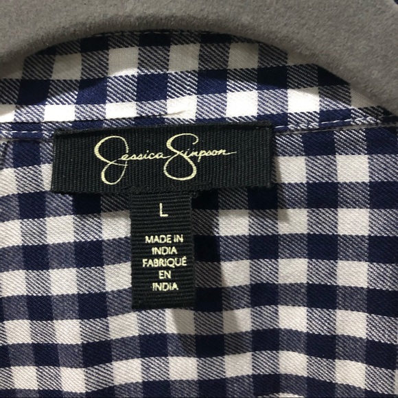 Jessica Simpson Michi Gingham Tie Bell Sleeve Sz L dk blue&white - Picture 4 of 6